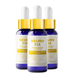 Three blue, gold, and white bottles of methylene blue titled Neurofix.