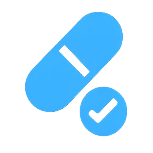 A blue capsule with a tick to the right