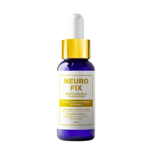 Blue, gold, and white bottle of methylene blue titled Neurofix.