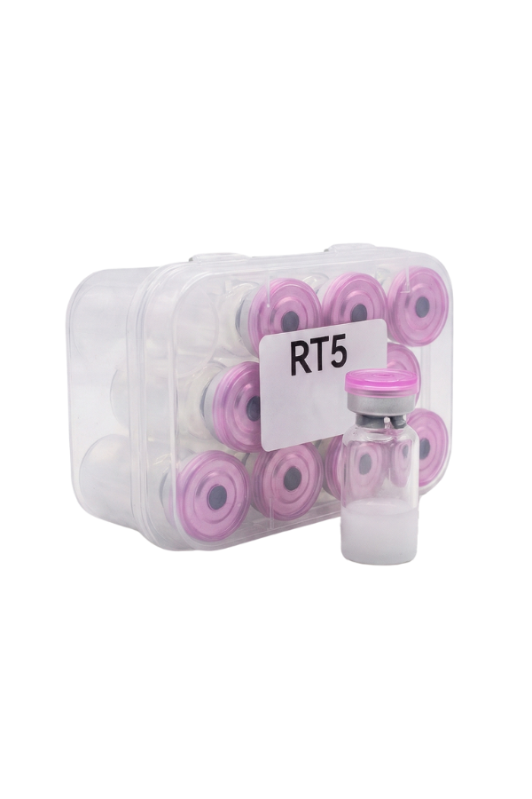 A glass vial with a pink, crimped lid and a white substance inside and a plastic case containing another 11.