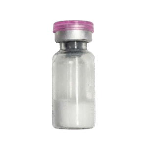 A glass vial with a pink, crimped lid and a white substance inside.